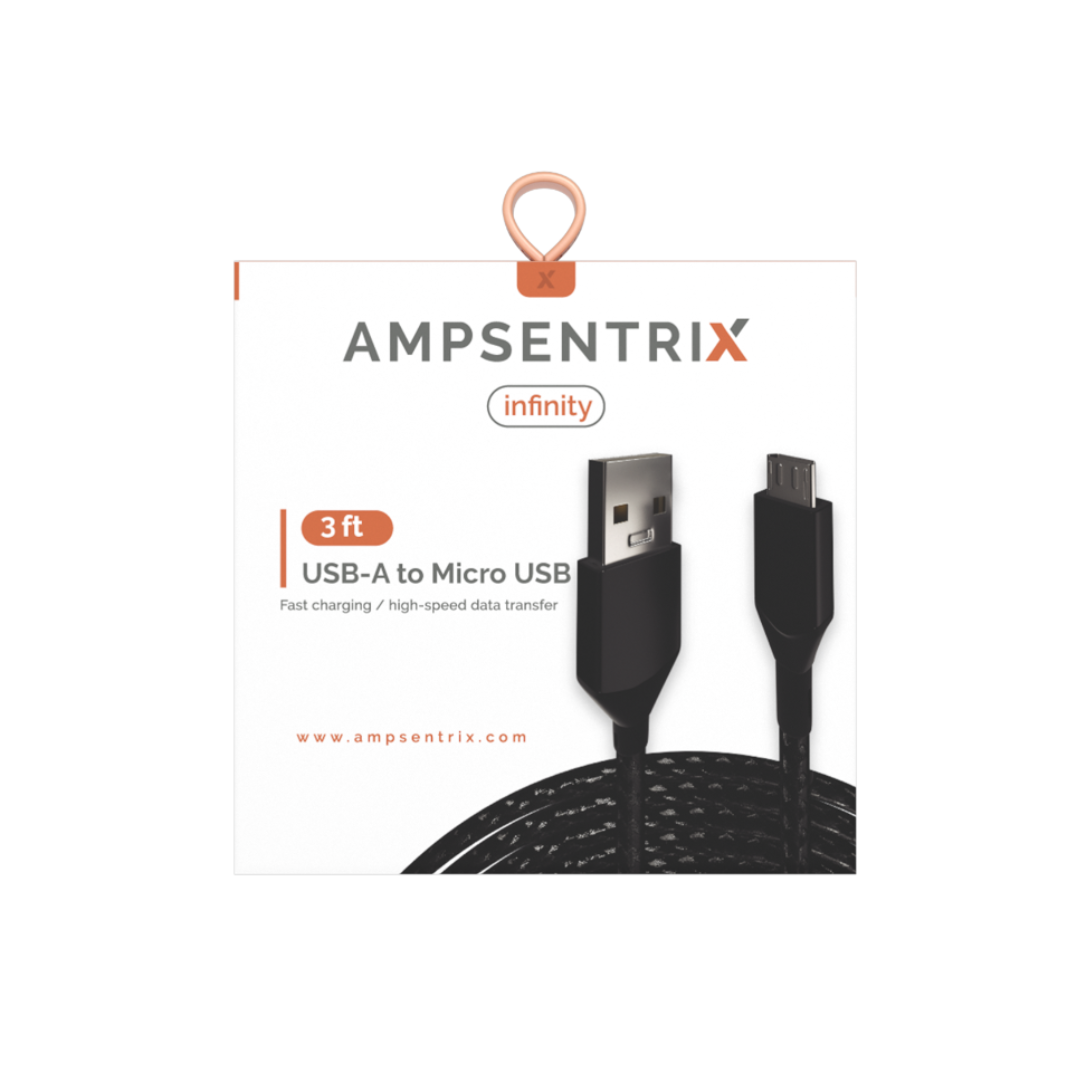 3 Foot Micro USB to USB Type A Cable (AmpSentrix) (Infinity) (Black)