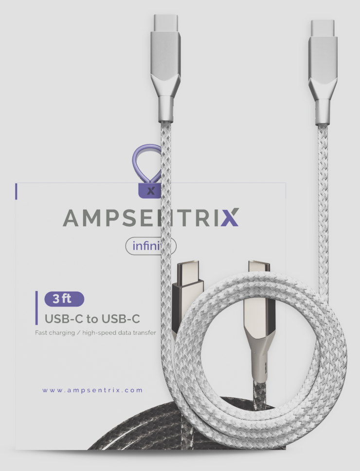 3ft USB Type C to USB Type C Cable (AmpSentrix) (Infinity) (Silver)