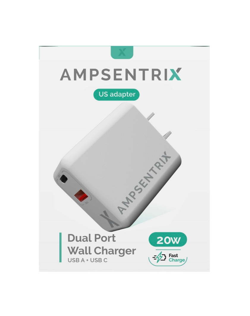 WALL AC ADAPTER USB TYPE C AND USB TYPE A 20 W - 2 OUTLETS - (AMPSENTRIX)